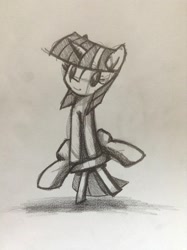 Size: 581x778 | Tagged: artist needed, safe, character:twilight sparkle, species:pony, species:unicorn, cute, female, grayscale, horn, monochrome, pencil drawing, rocking, sitting, smiling, solo, stool, traditional art