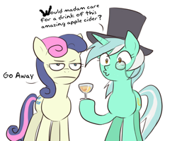 Size: 700x560 | Tagged: artist needed, source needed, safe, character:bon bon, character:lyra heartstrings, character:sweetie drops, :|, bon bon is not amused, cider, classy, clothing, dialogue, drink, duo, glass, hat, monocle, simple background, top hat, translation, unamused, white background