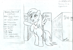 Size: 1140x783 | Tagged: artist needed, safe, character:derpy hooves, species:pegasus, species:pony, book, female, librarian, library, mare, monochrome, solo, traditional art