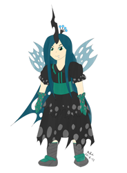 Size: 598x812 | Tagged: artist needed, safe, character:queen chrysalis, species:human, g4, female, humanized, simple background, smiling, solo, standing, style emulation, touhou, white background, winged humanization, wings, zun