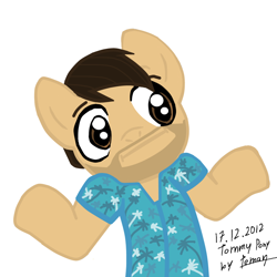 Size: 900x900 | Tagged: artist needed, safe, :i, clothing, grand theft auto, gta vice city, ponified, shirt, shrug, shrugpony, solo, tommy vercetti