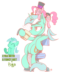 Size: 1221x1429 | Tagged: artist needed, safe, character:lyra heartstrings, character:pinkie pie, species:pony, species:unicorn, chair, clothing, cup, doll, hat, plushie, plushie hat, pony hat, simple background, sitting, solo, white background