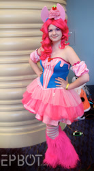 Size: 830x1500 | Tagged: artist needed, safe, character:pinkie pie, species:human, 2014, clothing, convention, cosplay, irl, irl human, leg warmers, megacon, otakon, photo, socks, solo, strapless, striped socks