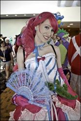 Size: 673x1006 | Tagged: artist needed, safe, character:gummy, character:pinkie pie, species:human, 2012, clothing, convention, cosplay, dignified wear, dress, evening gloves, fan, gala dress, irl, irl human, otakon, photo