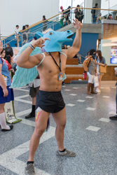 Size: 720x1080 | Tagged: artist needed, safe, character:rainbow dash, species:human, 2014, clothing, convention, cosplay, fanimecon, hoers mask, irl, irl human, photo, shorts, topless