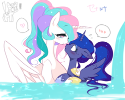 Size: 600x482 | Tagged: artist needed, safe, character:princess celestia, character:princess luna, character:twilight sparkle, species:alicorn, species:pony, ship:princest, :o, alternate hairstyle, bath, bedroom eyes, blushing, exclamation point, eye contact, female, floppy ears, heart, hug, incest, lesbian, lidded eyes, open mouth, pictogram, ponytail, shipping, simple background, smiling, spread wings, spy-twi, spying, starry eyes, surprised, sweat, sweatdrop, tailboner, wet mane, white background, wide eyes, wingding eyes, wings