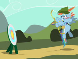 Size: 1024x768 | Tagged: artist needed, source needed, safe, character:rainbow dash, archer, archer dash, arrow, bow (weapon), bow and arrow, clothing, hat, robin hood, solo, target