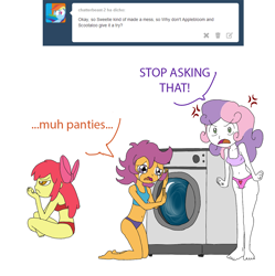 Size: 1280x1285 | Tagged: artist needed, safe, character:apple bloom, character:scootaloo, character:sweetie belle, species:pegasus, species:pony, my little pony:equestria girls, angry, belly button, blue underwear, bra, clothing, crop top bra, crying, cutie mark crusaders, dialogue, go go crusaders, heart, heart print underwear, humanized, laundry, panties, pink underwear, purple underwear, red underwear, underwear, washing machine