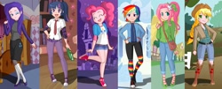 Size: 1540x620 | Tagged: artist needed, source needed, useless source url, safe, character:applejack, character:fluttershy, character:pinkie pie, character:rainbow dash, character:rarity, character:twilight sparkle, species:human, alternate hairstyle, boots, clothing, converse, dressup, dressup game, explicit source, humanized, magical friends, rainbow socks, sneakers, socks, striped socks, thigh highs
