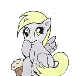 Size: 500x500 | Tagged: artist needed, safe, character:derpy hooves, species:pegasus, species:pony, :t, cute, dawwww, female, giggling, mare, muffin, sitting, smiling, solo