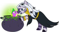 Size: 1993x1073 | Tagged: artist needed, safe, edit, character:spike, character:zecora, species:zebra, cauldron, clothing, costume, dragon on zebra action, female, halloween, halloween costume, holiday, interspecies, male, pot, shipping, smiling, soup, spicora, spider, straight, witch, zebra on dragon action