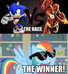 Size: 598x659 | Tagged: artist needed, source needed, safe, character:rainbow dash, character:sonic the hedgehog, caption, crossover, image macro, sonic the hedgehog (series), the flash