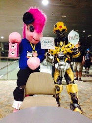Size: 540x720 | Tagged: artist needed, safe, character:pinkie pie, species:human, 2014, bronycon, bumblebee, convention, cosplay, crossover, fursuit, hasbro, hubble, irl, irl human, photo, rapper pie, sign, transformers