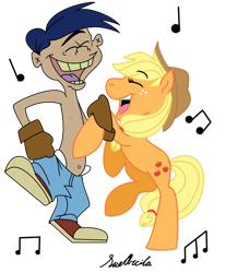 Size: 500x604 | Tagged: artist needed, safe, character:applejack, species:human, species:pony, bipedal, bipedal leaning, cartoon, clothing, crossover, dancing, ed edd n eddy, eyes closed, gloves, jeans, leaning, music notes, pants, partial nudity, rolf, shoes, simple background, smiling, sneakers, that's my horse, topless