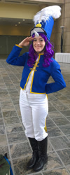 Size: 740x1841 | Tagged: artist needed, safe, artist:yupso, character:rarity, species:human, episode:testing testing 1-2-3, g4, my little pony: friendship is magic, 2014, ancient wonderbolts uniform, boots, bronycon, clothing, convention, cosplay, costume, fake horn, feather, hat, irl, irl human, pants, photo, salute, sgt. rarity, shako, shoes, solo, uniform, wig