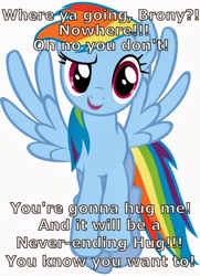 Size: 761x1050 | Tagged: artist needed, source needed, safe, character:rainbow dash, species:pegasus, species:pony, bronybait, demands, female, hooves, hug, mare, open mouth, question, raised eyebrow, reaction image, simple background, smiling, solo, spread wings, text, vector, white background, wings