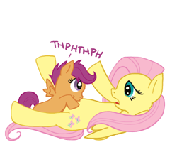 Size: 504x432 | Tagged: artist needed, source needed, safe, character:fluttershy, character:scootaloo, species:pegasus, species:pony, onomatopoeia, raspberry, raspberry noise