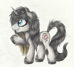 Size: 1129x1024 | Tagged: artist needed, safe, species:pony, species:unicorn, cat eyes, fluffy, grin, pencil drawing, solo, traditional art, unshorn fetlocks, watch