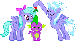 Size: 2136x1170 | Tagged: artist needed, safe, edit, character:cloudchaser, character:flitter, character:spike, species:dragon, species:pegasus, species:pony, ship:flitterspike, ship:spikechaser, female, holly, holly mistaken for mistletoe, love, love triangle, lucky bastard, male, mare, shipping, spike gets all the mares, spikelove, vector edit