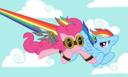 Size: 800x484 | Tagged: artist needed, safe, character:pinkie pie, character:rainbow dash, artificial wings, augmented, cloud, cloudy, flying, goggles, mechanical wing, wings