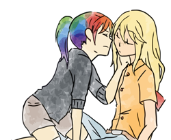 Size: 2500x2050 | Tagged: artist needed, source needed, safe, character:applejack, character:rainbow dash, species:human, ship:appledash, eyes closed, female, freckles, humanized, imminent kissing, lesbian, loose hair, ponytail, shipping, sleeping, stroking