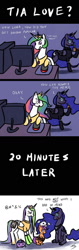 Size: 500x1575 | Tagged: artist needed, source needed, safe, character:princess celestia, character:princess luna, character:scootaloo, species:alicorn, species:pegasus, species:pony, g4, blob, bwob, comic, computer, female, filly, internet, mare, meme, scootachicken, tied up, trio, trollestia