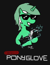 Size: 500x649 | Tagged: artist needed, safe, character:lyra heartstrings, species:pony, species:unicorn, 1980's, clothing, dark background, gloves, grin, nintendo, parody, power glove, smiling, solo, sunglasses