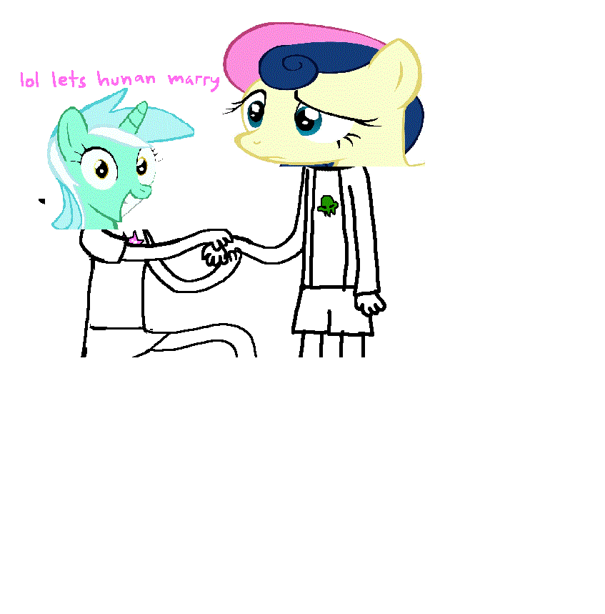Size: 847x859 | Tagged: artist needed, safe, character:bon bon, character:lyra heartstrings, character:sweetie drops, species:earth pony, species:pony, ship:lyrabon, animated, clothing, female, gif, homestuck, ironic, kneeling, lesbian, mare, marriage, marriage proposal, shipping, simple background, white background
