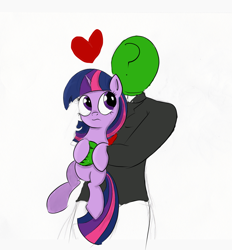 Size: 1661x1790 | Tagged: artist needed, safe, character:twilight sparkle, oc, oc:anon, species:human, species:pony, frown, heart, holding a pony, hug