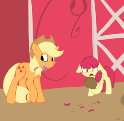 Size: 922x900 | Tagged: artist needed, safe, character:apple bloom, character:applejack, bad haircut, colored, haircut, manecut, mirror, mouth hold, scissors, sisters