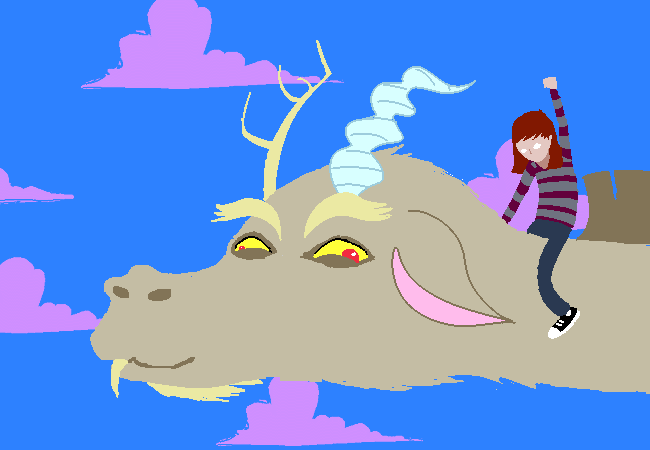 Size: 650x450 | Tagged: artist needed, safe, edit, character:discord, species:draconequus, andrew hussie, animated, cloud, cotton candy, cotton candy cloud, falkor, flying, food, gif, homestuck, lauren faust, riding, the neverending story