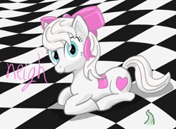 Size: 800x586 | Tagged: artist needed, safe, species:earth pony, species:pony, battlefield, checkerboard, female, hair bow, homestuck, looking at you, maplehoof, mare, neigh, prone, smiling, solo