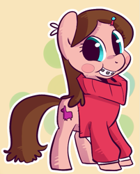 Size: 575x716 | Tagged: artist needed, safe, braces, clothing, gravity falls, mabel pines, ponified, solo, sweater