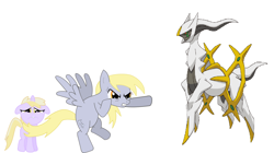 Size: 2100x1172 | Tagged: artist needed, safe, character:derpy hooves, character:dinky hooves, species:pegasus, species:pony, species:unicorn, angry, arceus, crossover, female, filly, mare, mythical pokémon, normal type pokémon, pokémon, pokémon diamond and pearl, simple background, sinnoh pokémon, white background
