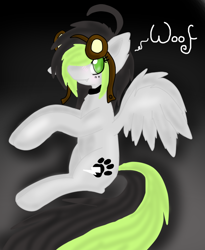 Size: 746x908 | Tagged: artist needed, safe, oc, oc only, oc:bree jetpaw, species:pegasus, species:pony, cute, goggles, gray, sitting, solo, woof