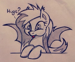 Size: 839x693 | Tagged: artist needed, safe, artist:the sexy assistant, artist:zee66, edit, oc, oc only, species:bat pony, species:pony, blep, cute, dialogue, ear fluff, hug request, looking at you, pencil drawing, puffy cheeks, redraw, smiling, solo, spread wings, tongue out, traditional art, wings