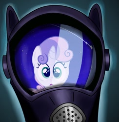 Size: 600x615 | Tagged: artist needed, safe, character:sweetie belle, fanfic, fanfic art, fanfic cover, gas mask, mask, reflection, solo