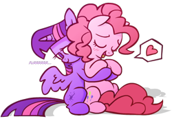 Size: 620x437 | Tagged: artist needed, source needed, safe, character:pinkie pie, character:twilight sparkle, character:twilight sparkle (alicorn), species:alicorn, species:pony, ship:twinkie, blushing, cuddling, female, heart, holding, hug, lesbian, mare, purring, shipping, snuggling