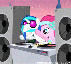 Size: 245x221 | Tagged: artist needed, safe, edit, edited screencap, screencap, character:dj pon-3, character:pinkie pie, character:vinyl scratch, species:earth pony, species:pony, species:unicorn, episode:a canterlot wedding, g4, my little pony: friendship is magic, animated, bridesmaid dress, clothing, dress, duo, female, gif, mare, meme, nigel thornberry, smashing (meme), speakers, turntable
