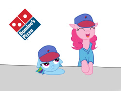 Size: 600x450 | Tagged: artist needed, source needed, safe, character:pinkie pie, character:rainbow dash, clothing, crossover, domino's, domino's pizza, dominos, fast food, food, hat, parody, pizza, uniform, waitress, working