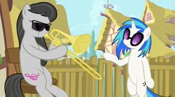 Size: 872x486 | Tagged: artist needed, safe, character:dj pon-3, character:octavia melody, character:vinyl scratch, species:pony, bipedal, meme, sunglasses, trombone, vine video, when mama isn't home, youtube link