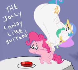 Size: 641x580 | Tagged: artist needed, safe, character:pinkie pie, character:princess celestia, species:alicorn, species:earth pony, species:pony, big red button, female, impossibly large butt, looking back, mare, parody, plot, reference, ren and stimpy, space madness!, temptation, trollestia
