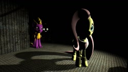 Size: 1191x670 | Tagged: artist needed, safe, character:applejack, character:fluttershy, oc, animatronic, applefreddy, creepy, five nights at aj's, five nights at freddy's, flutterchica, glowing eyes, looking at you, original character do not steal, robot, scared, this will end in tears