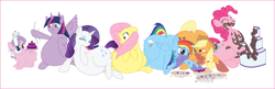 Size: 990x321 | Tagged: artist needed, safe, character:applejack, character:diamond tiara, character:fluttershy, character:pinkie pie, character:rainbow dash, character:rarity, character:twilight sparkle, character:twilight sparkle (alicorn), species:alicorn, species:pony, applefat, belly button, cake, chubbity, chubby diamond, fat, fattershy, female, food, mane six, mare, messy, obese, pie, piggy pie, princess twilard, pudgy pie, rainblob dash, raritubby, stuffed, stuffing, twilard sparkle, weight gain