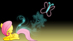 Size: 1920x1080 | Tagged: artist needed, source needed, useless source url, safe, character:fluttershy, species:pegasus, species:pony, butterfly, eyes closed, female, filly, get, gradient background, index get, photoshop, prone, repdigit milestone, smiling, solo, wallpaper, younger
