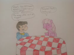 Size: 2592x1936 | Tagged: artist needed, safe, character:cheerilee, species:human, carlos, crossover, magic school bus, pizza, pun, quality, traditional art