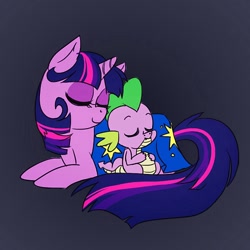 Size: 600x600 | Tagged: artist needed, safe, character:spike, character:twilight sparkle, blanket, cute, eyes closed, mama twilight, nuzzling, prone, sleeping, smiling, spikelove