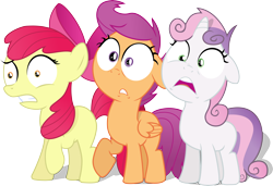 Size: 6346x4346 | Tagged: artist needed, dead source, safe, artist:regolithx, character:apple bloom, character:scootaloo, character:sweetie belle, species:earth pony, species:pegasus, species:pony, species:unicorn, absurd resolution, bow, cutie mark crusaders, faec, female, filly, floppy ears, frown, gritted teeth, open mouth, raised hoof, reaction, reaction image, scared, shock, simple background, transparent background, vector, wide eyes