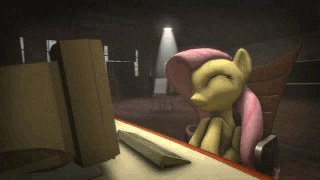 Size: 320x180 | Tagged: artist needed, safe, character:fluttershy, species:pegasus, species:pony, 3d, animated, chair, computer, cute, eyes closed, female, mare, shyabetes, smiling, solo, source filmmaker, video at source, youtube link
