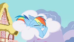 Size: 1600x900 | Tagged: artist needed, safe, character:rainbow dash, cloud, sleeping, solo, wallpaper